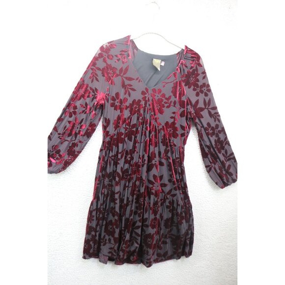 Taylor Burgundy Velvet Burnout-3/4 Puff Sleeves Babydoll Dress-Size 8-Whimsigoth - Picture 1 of 12